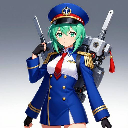 Anime-style digital drawing of a green-haired girl in a blue naval uniform with gold epaulets, red tie, and peaked cap, holding a