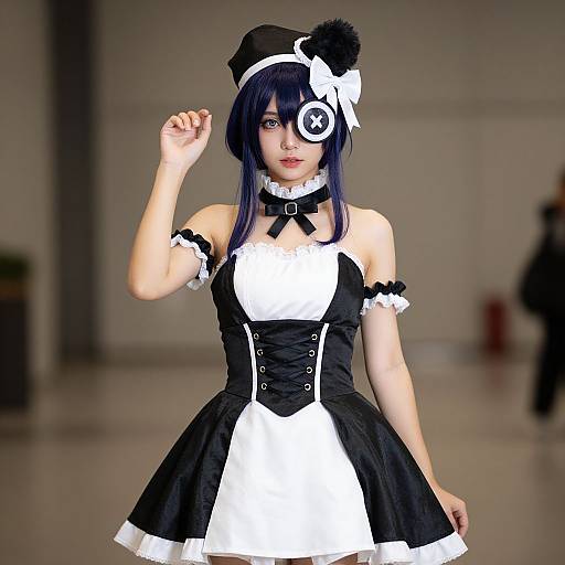 Photograph of an Asian woman in a black and white Lolita-style dress and hat, with blue hair and an eyepatch, posing on a