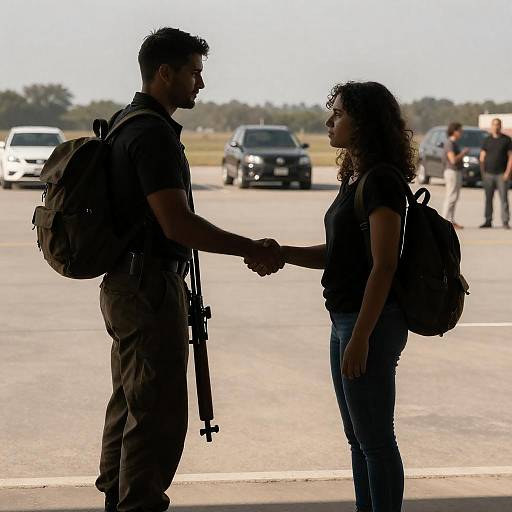 Handshaking Encounter on a Sunlit Airstrip