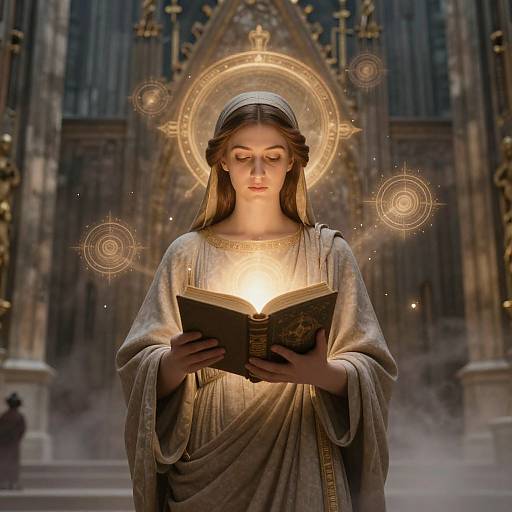 Piety Woman with Glowing Ancient Book in Cathedral