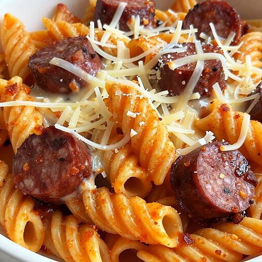 Cheesy sausage rotini pasta close-up