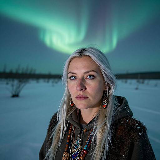 Photograph of a fair-skinned woman with long blonde hair, blue eyes, wearing Native American-style jewelry, standing in a snowy landscape under the Northern
