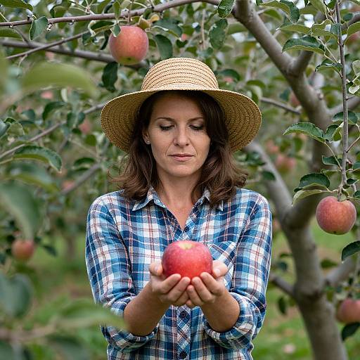 Photograph of a middle-aged woman in a straw hat and blue plaid shirt, holding a red apple in an apple orchard.