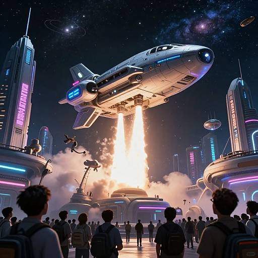 CGI image of a futuristic cityscape with a rocket blasting off, surrounded by neon-lit skyscrapers, crowd watching, and a spaceship in