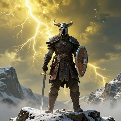 Viking warrior in dark armor with horned helmet, sword, and shield stands on snowy peak, lightning illuminating stormy sky. Photorealistic
