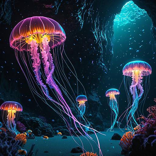 Glowing Neon Jellyfish in Underwater Cave