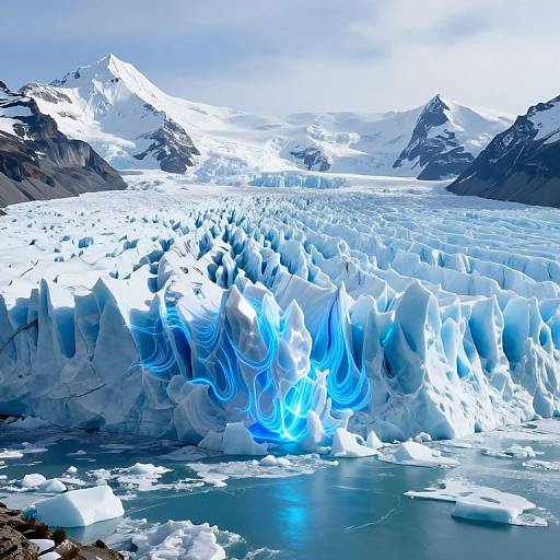 Photograph of a glacier with glowing blue ice caves, surrounded by snow-capped mountains and a partially frozen body of water.