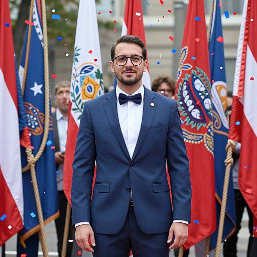 Photograph of a bearded man in a navy suit, black bow tie, and glasses standing between red and white flags, with colorful confetti falling