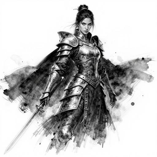 Monochrome digital drawing of a fierce, armored woman with dark hair in a bun, wielding a sword, surrounded by black ink splatters. She ex