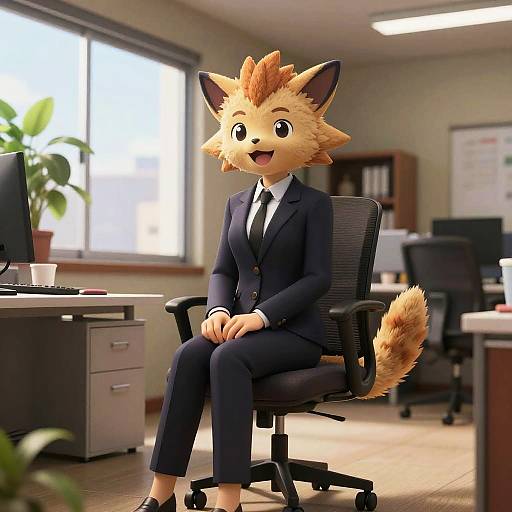 Anthropomorphic Fox in Business Suit Sitting in Office