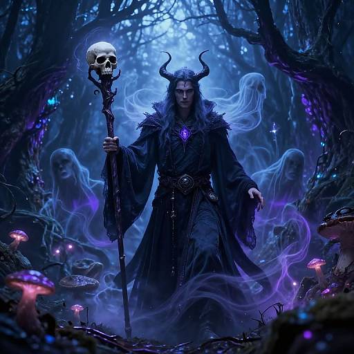 Mysterious dark sorcerer with horns, long black robe, holding skull staff, surrounded by ghostly figures and glowing mushrooms in a blue, eerie forest