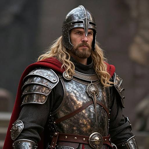 Photograph of a bearded, long-haired man in medieval silver armor with a red cape, wearing a metal helmet, standing outdoors.