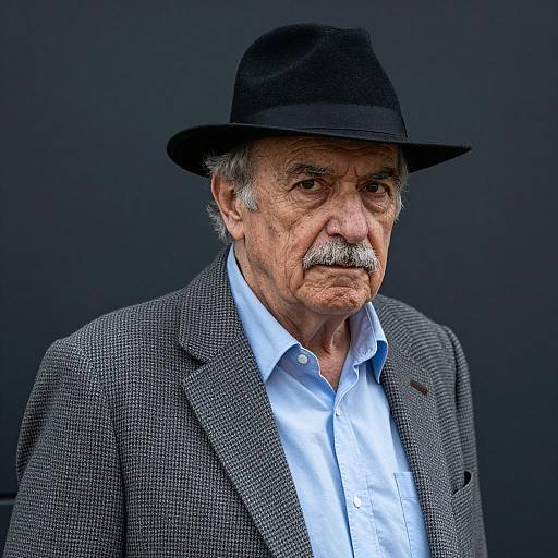 Serious Older Man in Black Hat and Grey Houndstooth Jacket