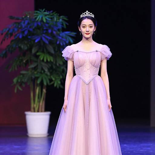 Digital illustration of an Asian woman with fair skin, wearing a pink ball gown and silver tiara, standing on a stage with a potted plant in