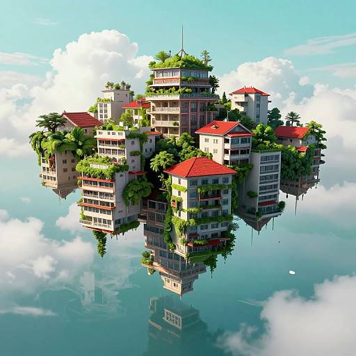 Floating Multi-Tiered Cityscape with Reflection