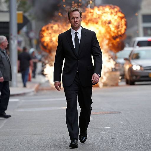 Photograph of a determined man in a black suit and white shirt walking through a city street with large orange explosions in the background.