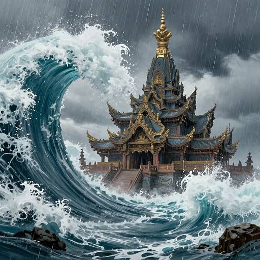Futuristic Temple Flooded by Giant Wave