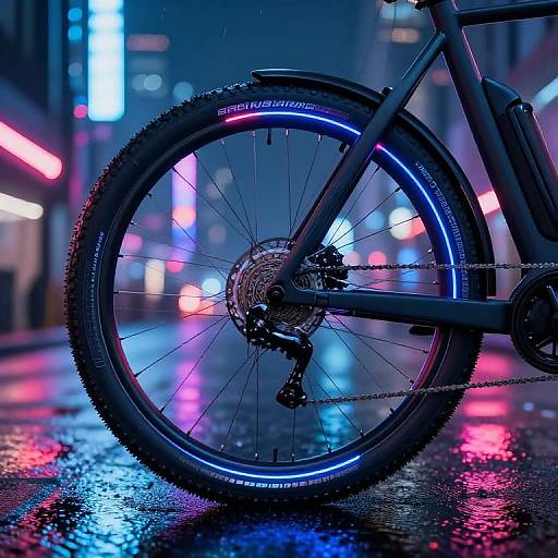 Photograph of a black bicycle wheel with glowing blue rim lights, set against a vibrant, neon-lit city night street with wet, reflective pavement.