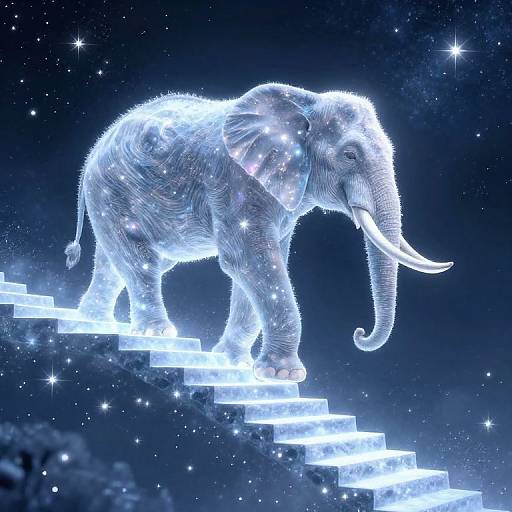 Digital artwork of a glowing, star-filled elephant standing on luminous steps against a starry, dark blue night sky.