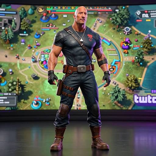 Muscular bald man in tight black outfit, brown boots, and gloves stands confidently in front of a vibrant video game map.