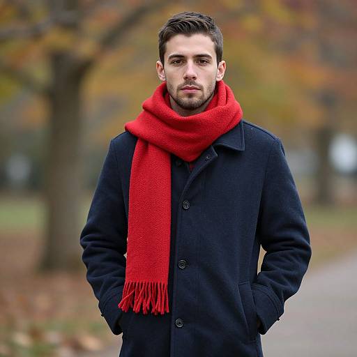 Photograph of a handsome, dark-haired man in a black coat and bright red scarf, standing in a blurry autumn park.
