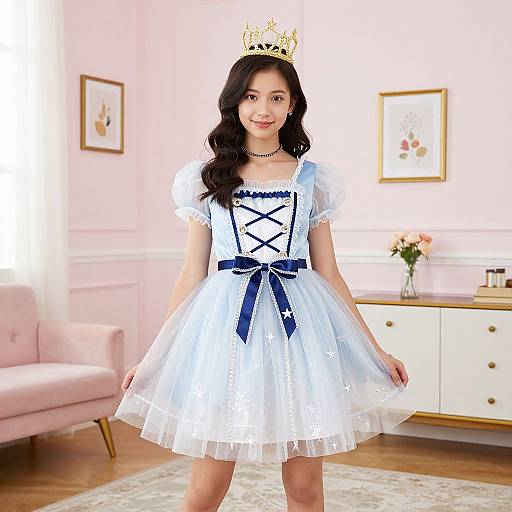 Photograph of an Asian woman with long black hair, wearing a white princess dress with blue ribbon, crown, standing in a pastel pink living room