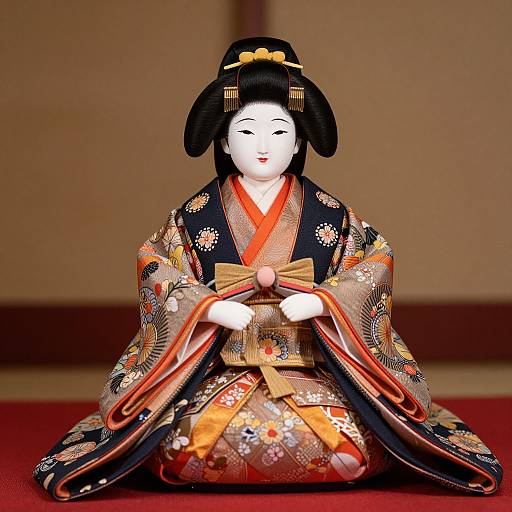Photograph of a traditional Japanese doll in a detailed black and orange kimono with floral patterns, seated on a red carpet.