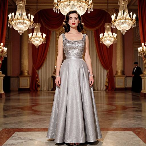 Photograph of a fair-skinned woman with dark hair in a silver sequin bodice and silver ball gown, standing in an opulent hall with