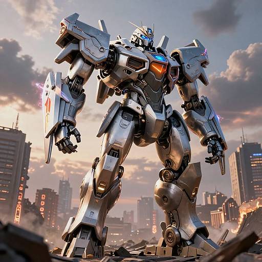 Photorealistic CGI of a towering, silver robotic warrior with glowing blue and orange accents, standing amidst a destroyed urban skyline at sunset.