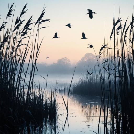 Foggy Marshland at Dawn with Flying Birds