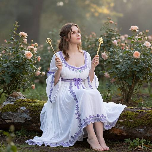 Photograph of a young woman with wavy brown hair, wearing a white dress with purple embroidery, sitting on a mossy log, holding magical w
