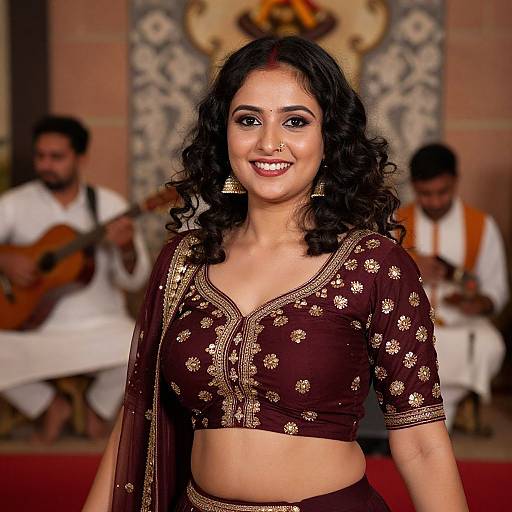Photograph of a smiling South Asian woman with dark curly hair, wearing a brown floral crop top and matching saree, standing in front of blurred musicians