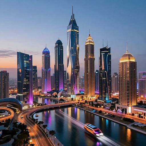 Photograph of a vibrant, dusk-lit cityscape featuring illuminated skyscrapers with neon lights, a curved river with light trails, and a bustling