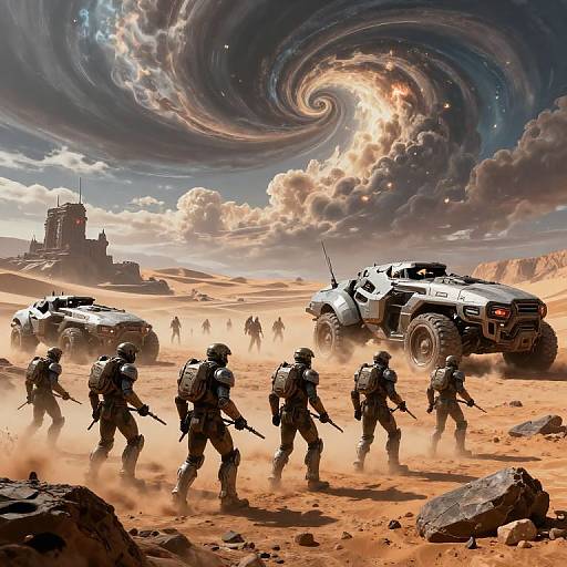 Digital art: Sci-fi desert battle scene with six soldiers in combat gear advancing towards three armored vehicles under a swirling, sunlit sky. Dust clouds,