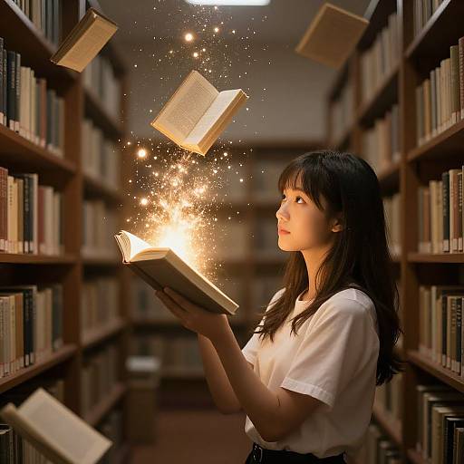 Photograph of an Asian woman with long black hair, wearing a white t-shirt, reading a book in a library, surrounded by floating, glowing books