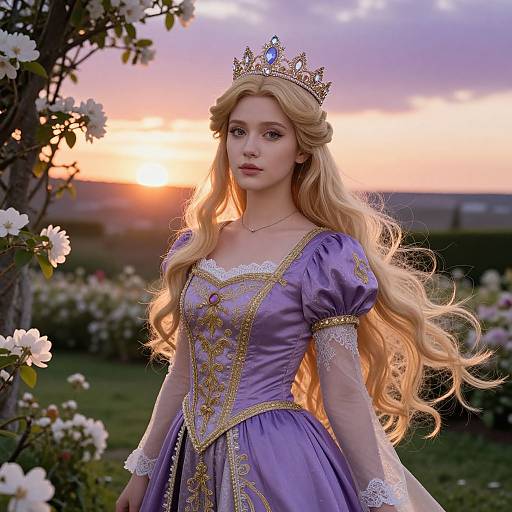 Elegant Princess in Majestic Sunset Garden