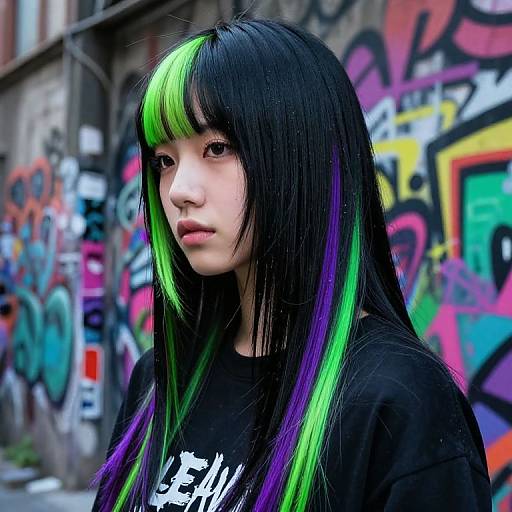 E-Girl Sleek Black Hair with Neon Bangs