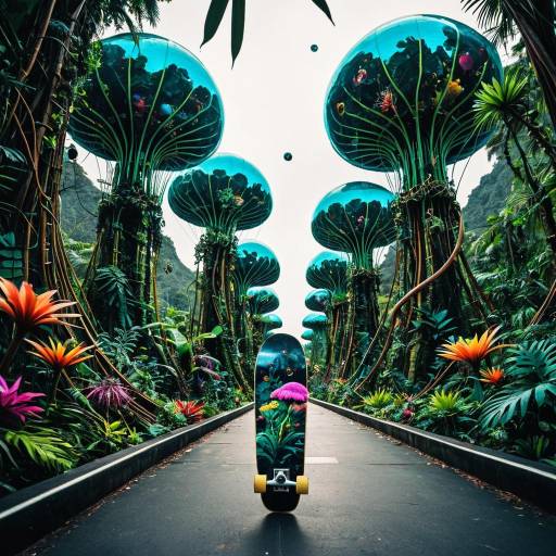 Skateboard in Alien Jungle with Bioluminescent Bubble Domes