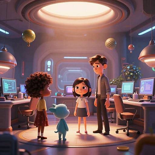 CGI image of four diverse cartoon children standing in a futuristic, brightly lit control room with glowing screens and hanging orbs.