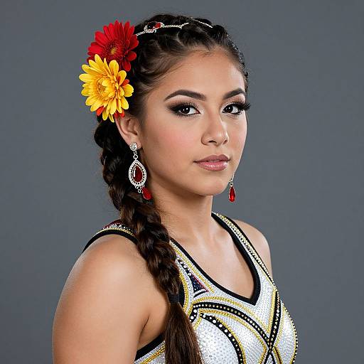 Photograph of a young Latina woman with dark braided hair, yellow and red flower, wearing a beaded, gold and black dress, and red