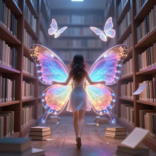 Photograph of a woman with long brown hair, wearing a white dress, flying away from a library aisle with glowing, colorful butterfly wings, surrounded by