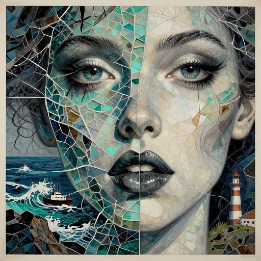 Digital art of a broken glass mosaic face with teal and black tones, wide blue eyes, black lips, lighthouse, ocean waves.