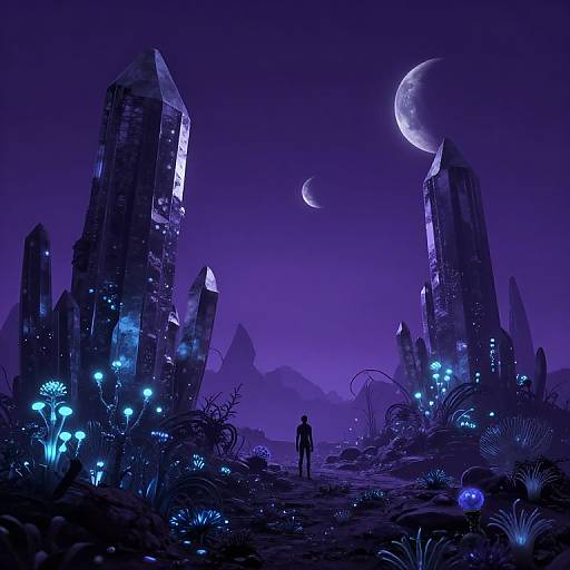 Digital fantasy artwork of a lone figure standing before glowing, bioluminescent ruins under a purple, crescent moonlit sky. Blue mushrooms and plants