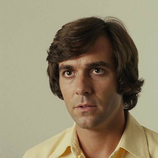 Photograph of a middle-aged man with dark brown, wavy hair, light skin, brown eyes, and a serious expression, wearing a yellow shirt