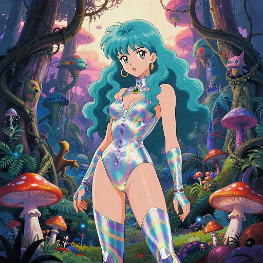 Digital anime-style illustration of a blue-haired woman in a shiny, silver, high-cut leotard and thigh-high boots, standing in a vibrant,