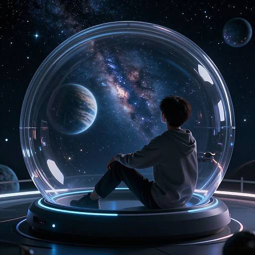 Digital art: Silhouetted person in a glowing, transparent dome, gazing at a starry, cosmic background with planets and galaxies.