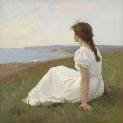 Impressionist painting of a young woman with a braid, wearing a white dress, sitting on grass, gazing at a coastal sunset.