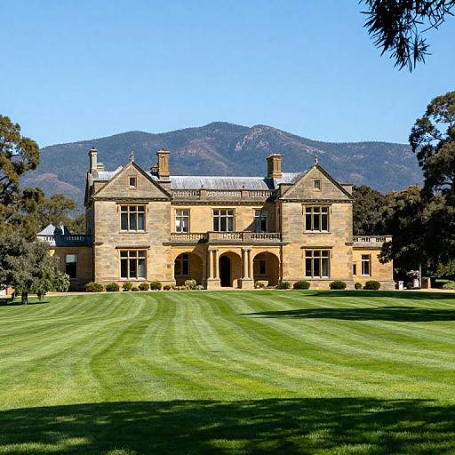 Photograph of a grand, beige stone mansion with multiple chimneys, arched entryway, and large windows, set against a lush green lawn and