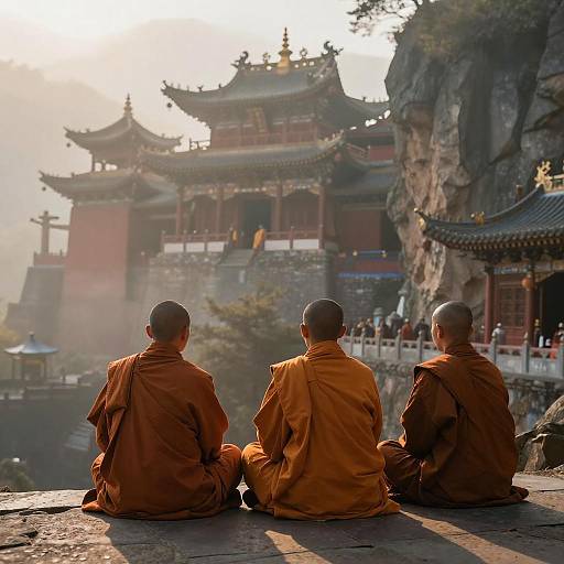 Tranquil Monks at Ancient Temple