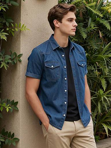 Young man in short-sleeve denim shirt outdoors